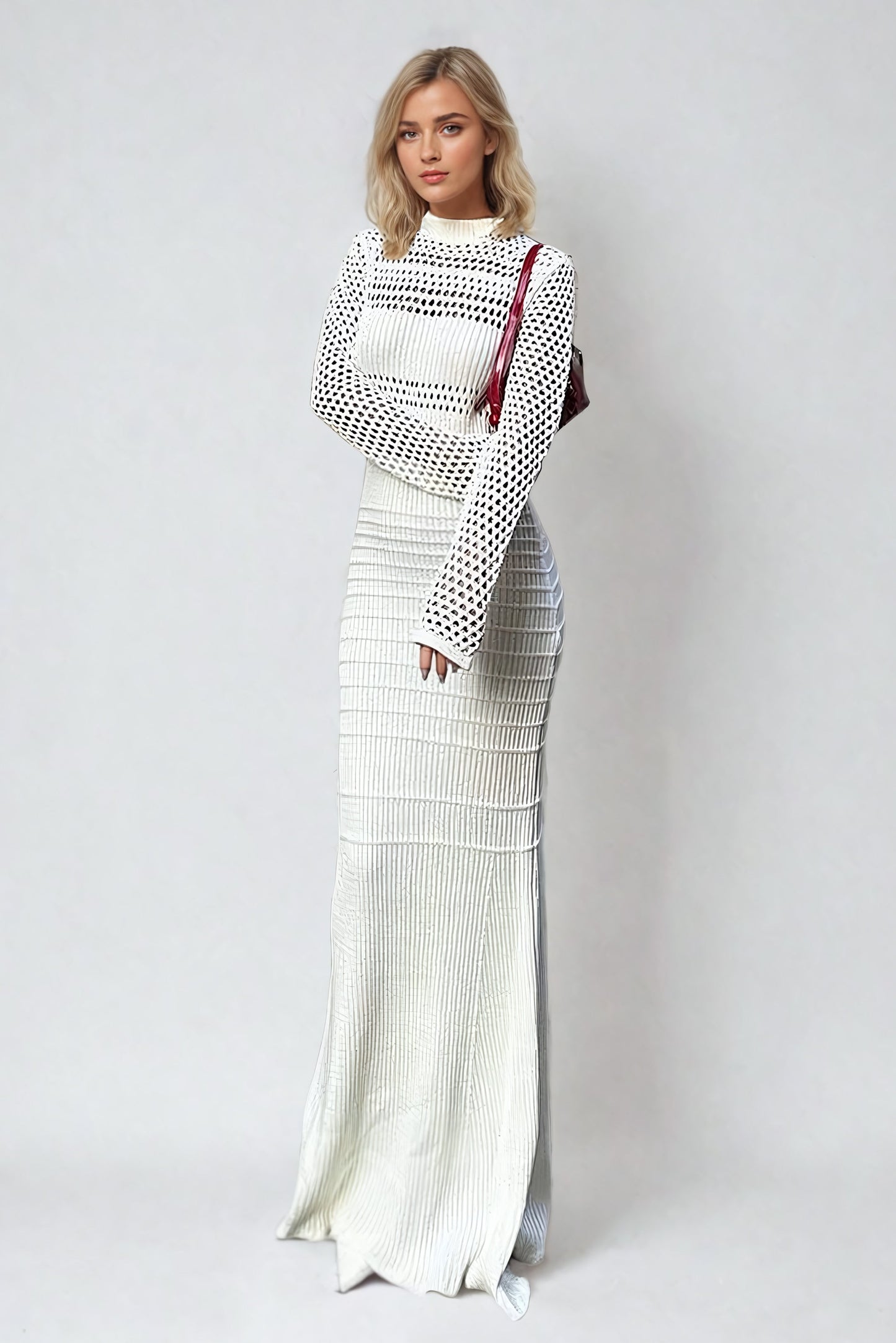 Hollow-Out Knitted Maxi Dress - White