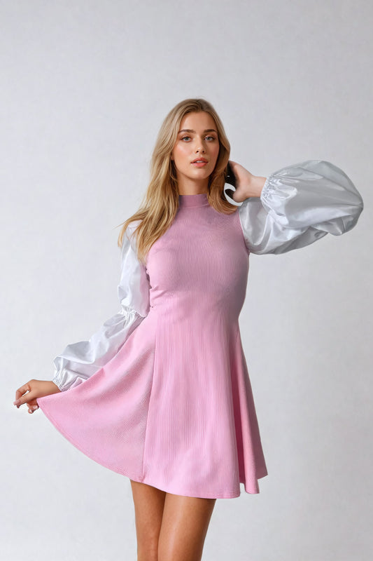 Ribbed Mini Dress with Puff Long Sleeves - Pink