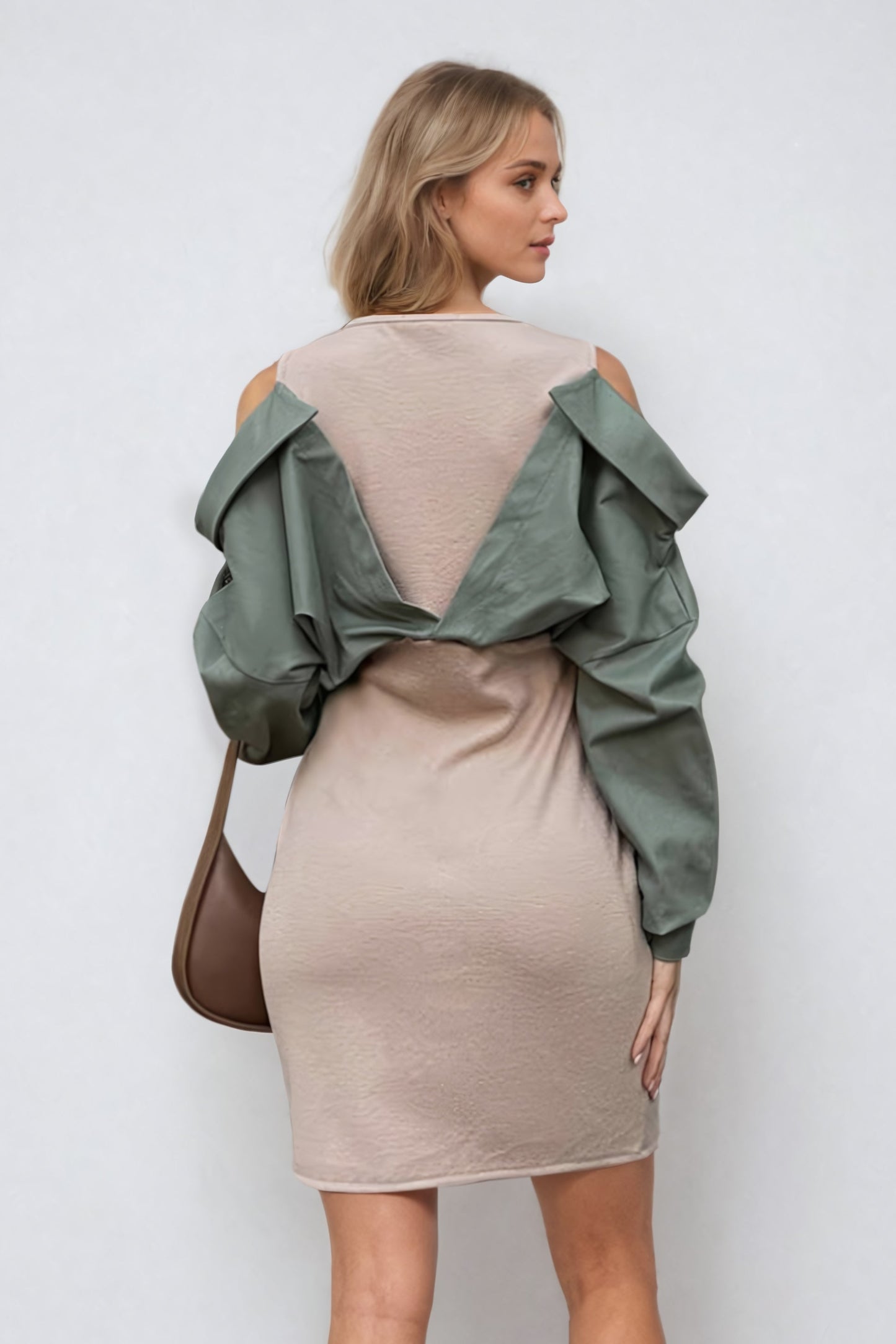 Off-Shoulder Mini Dress with Layered Sleeve Detail - Beige