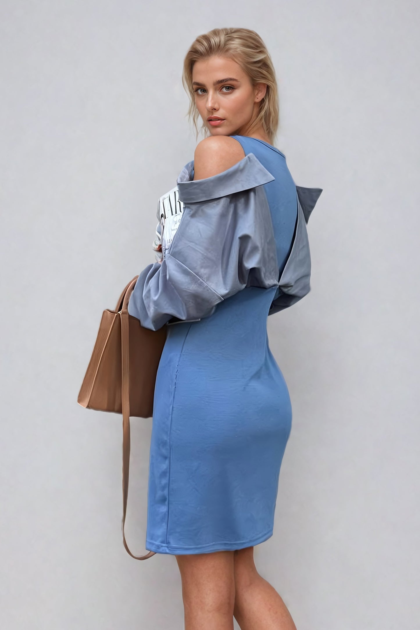 Off-Shoulder Mini Dress with Layered Sleeve Detail - Blue