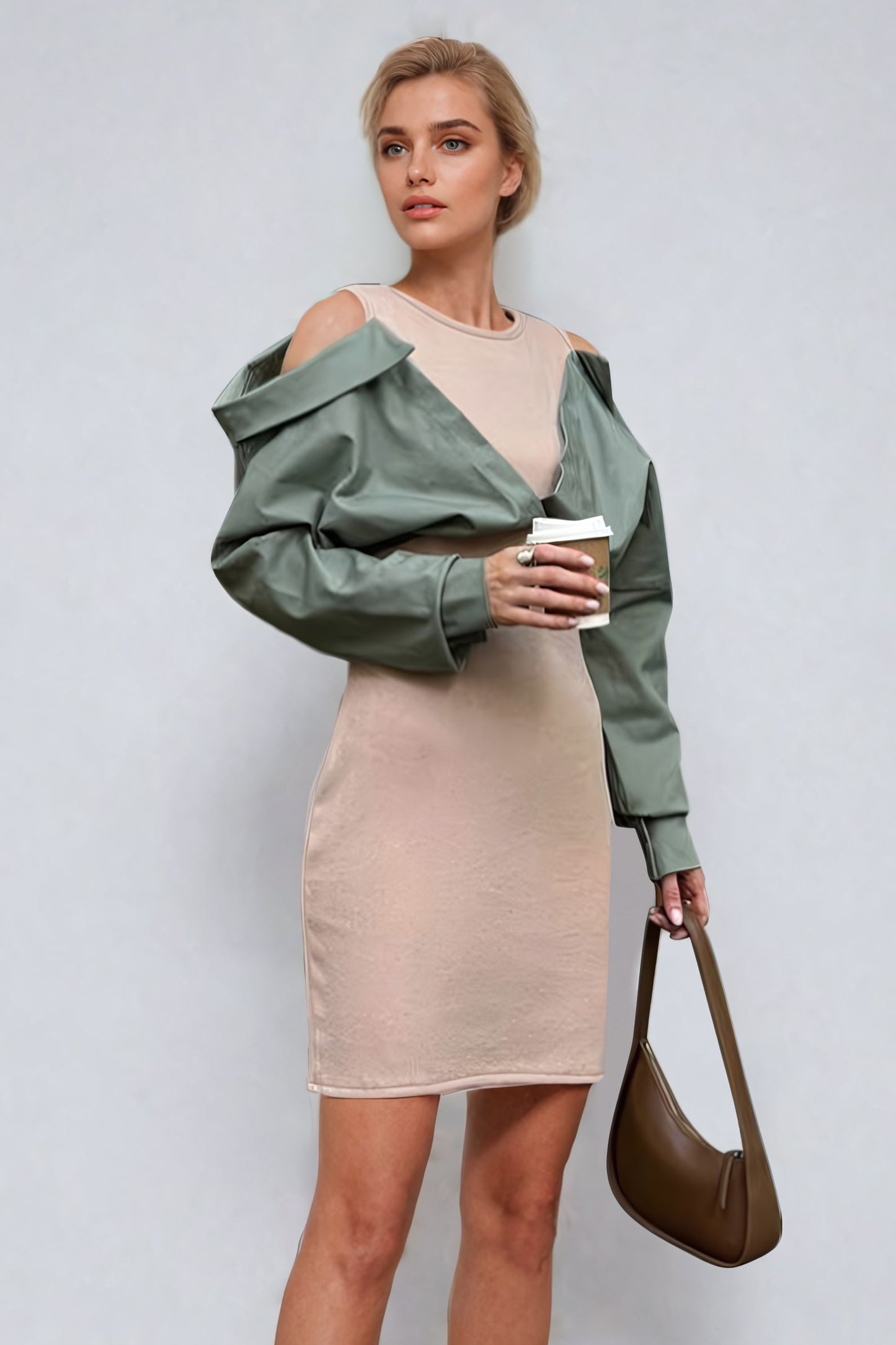Off-Shoulder Mini Dress with Layered Sleeve Detail - Beige