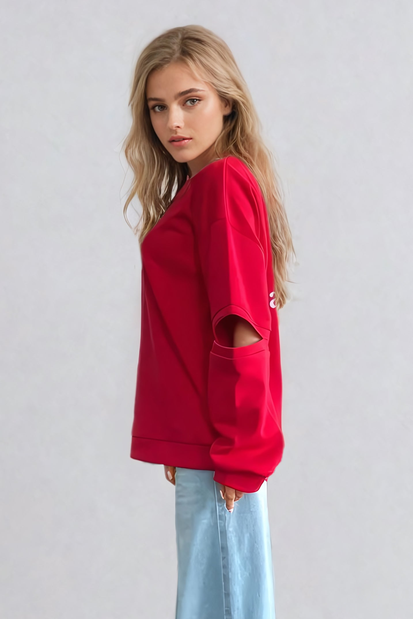 Cut-Out Sleeve Sweatshirt with Text Graphic Back - Red