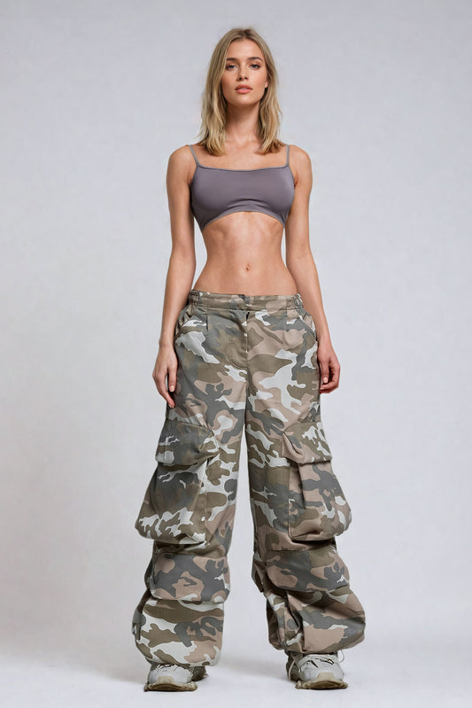 Drawstring Waist Camouflage Cargo Pants - Green