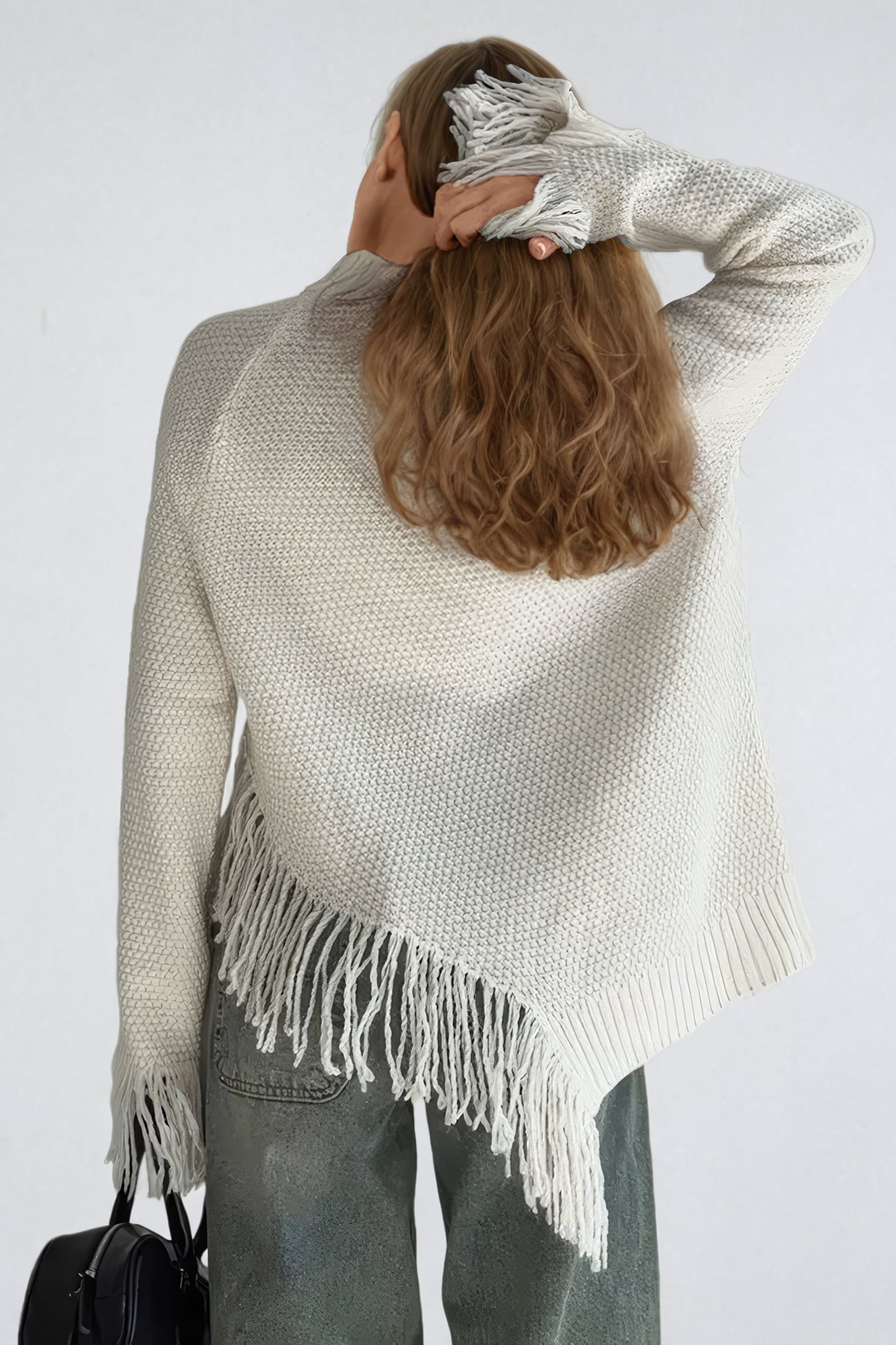 High-Neck Sweater with Frayed Hem Detailing - White