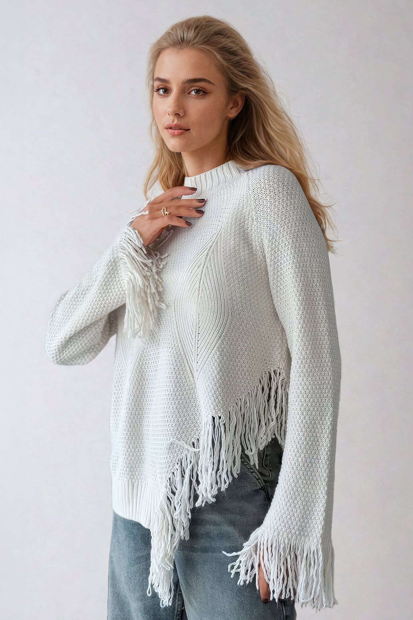 High-Neck Sweater with Frayed Hem Detailing - White