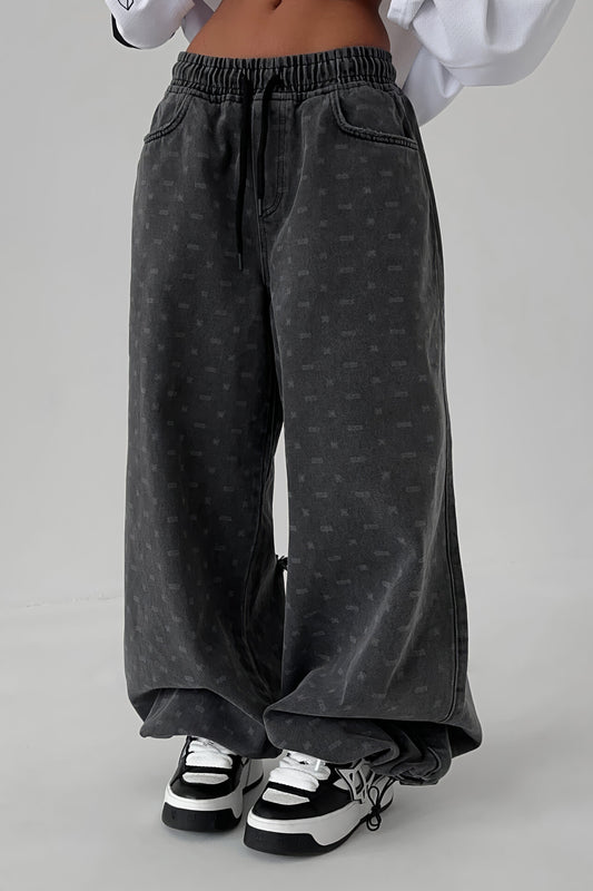 Wide-Leg Drawstring Trousers with Print- Dark Gray