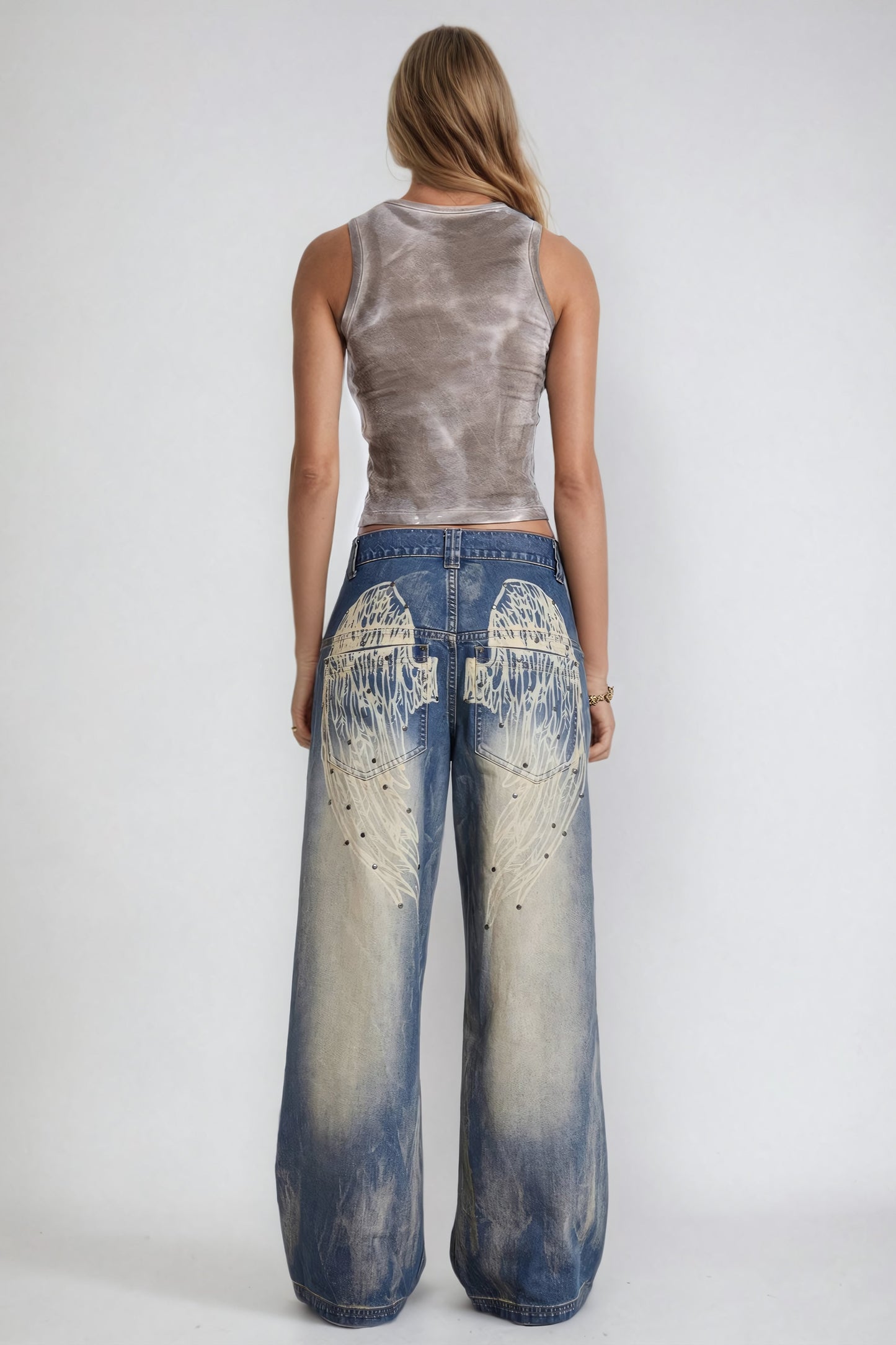 Wide-Leg Jeans with Printed Wing Design - Blue