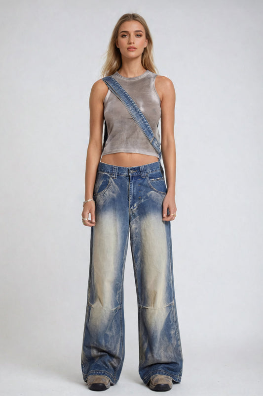 Wide-Leg Jeans with Printed Wing Design - Blue