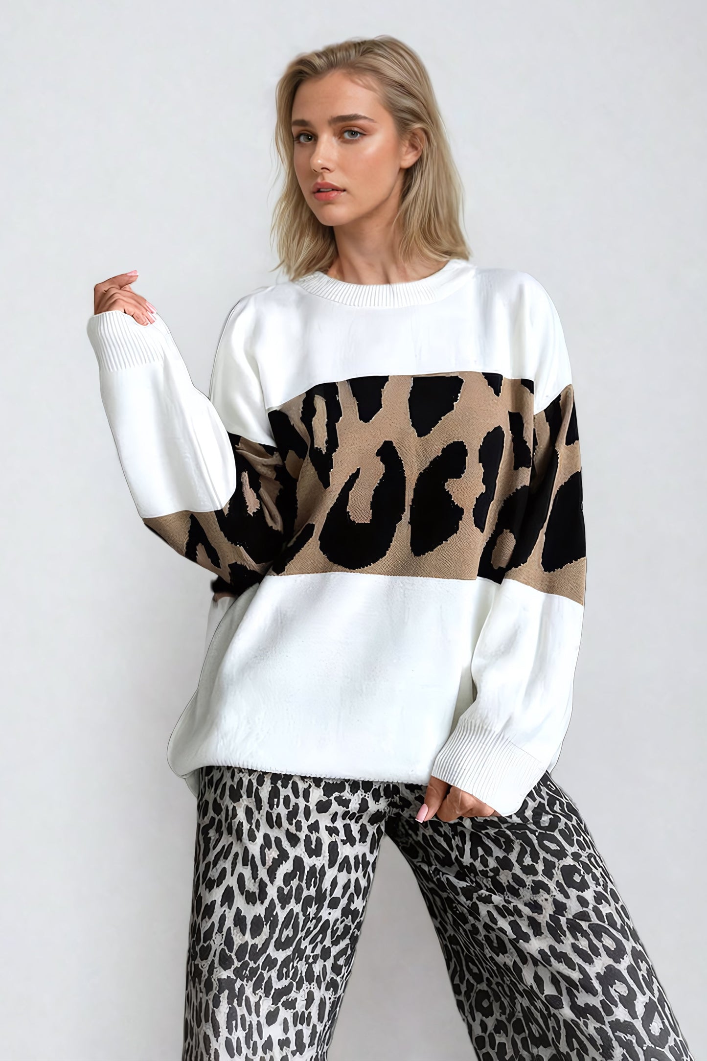 Oversized Leopard Print Sweater with Ribbed Trim - White