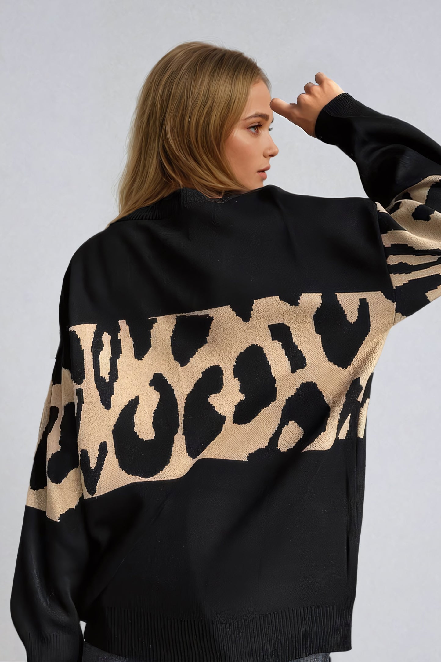 Oversized Leopard Print Sweater with Ribbed Trim - Black