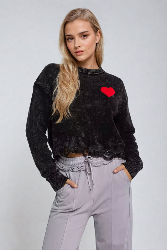 Cropped Tattered Sweater with Heart Detail - Black