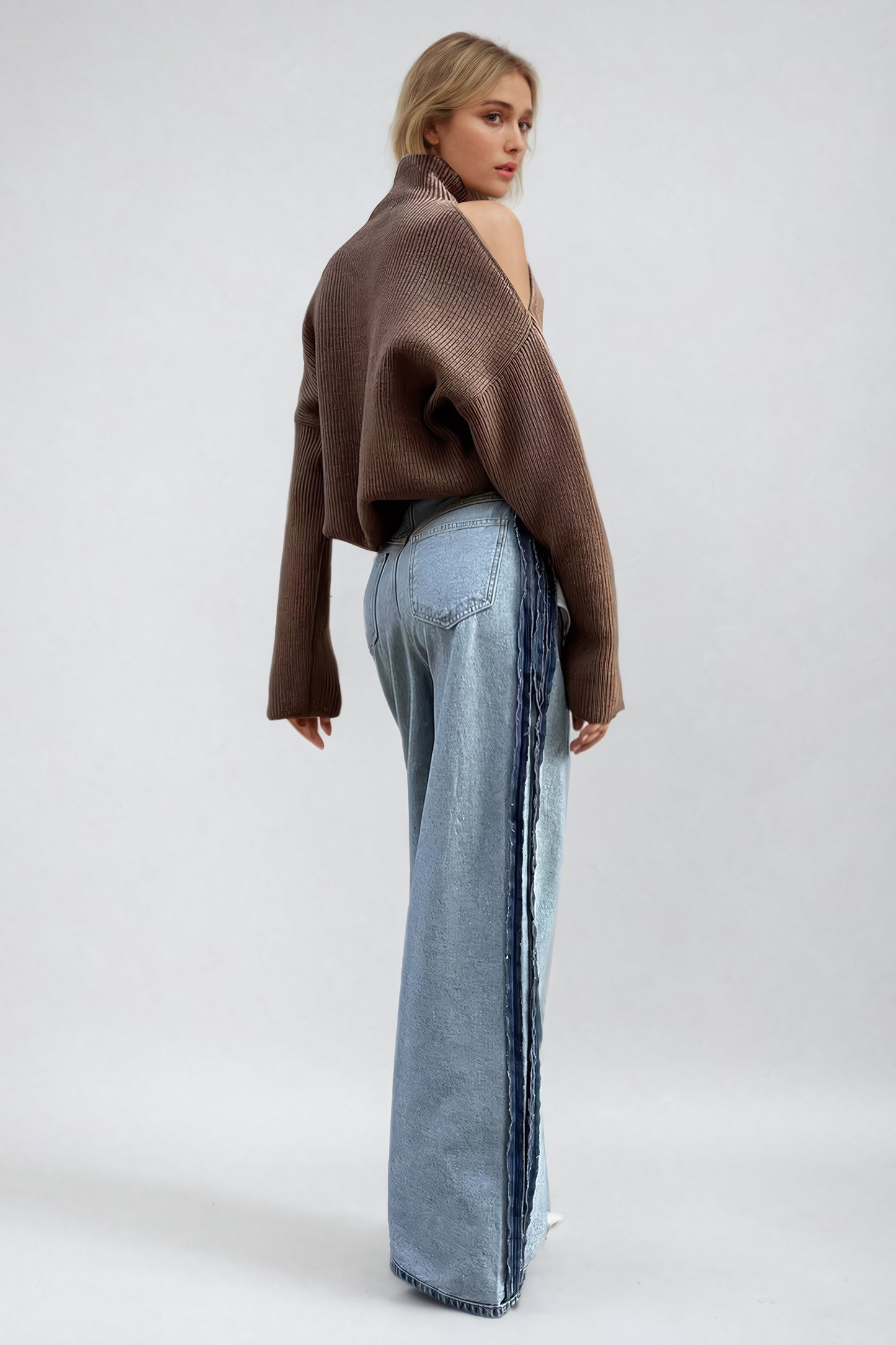 Shoulder Cut-Out Turtleneck Sweater - Brown