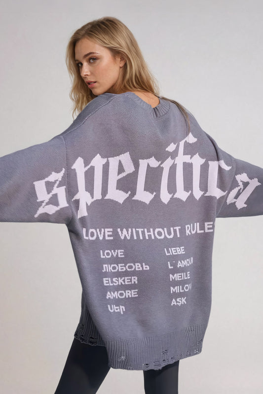 Oversized Distressed Sweater with Back Detail - Gray