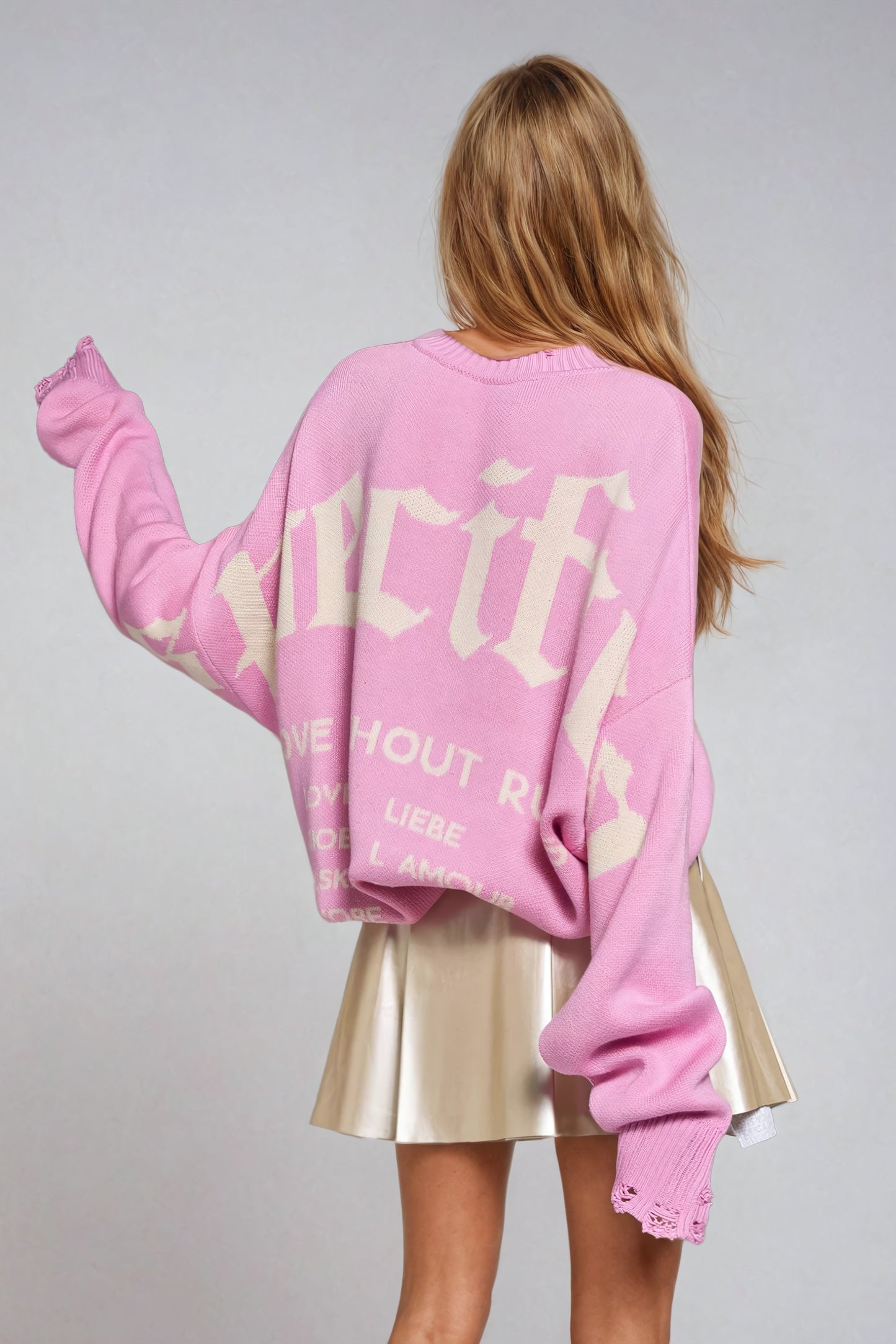 Oversized Distressed Sweater with Back Detail - Pink