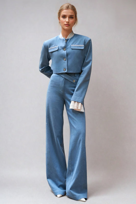 Cropped Denim Jacket and High-Waisted Trousers Co-Ord Set - Blue