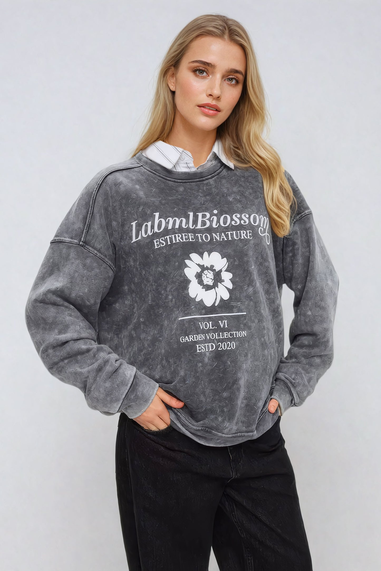 Graphic Print Oversized Crewneck Sweatshirt - Gray