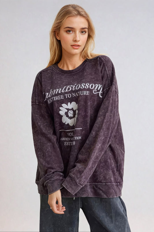 Graphic Print Oversized Crewneck Sweatshirt - Maroon