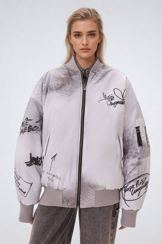 Graffiti Print Oversized Jacket - Gray