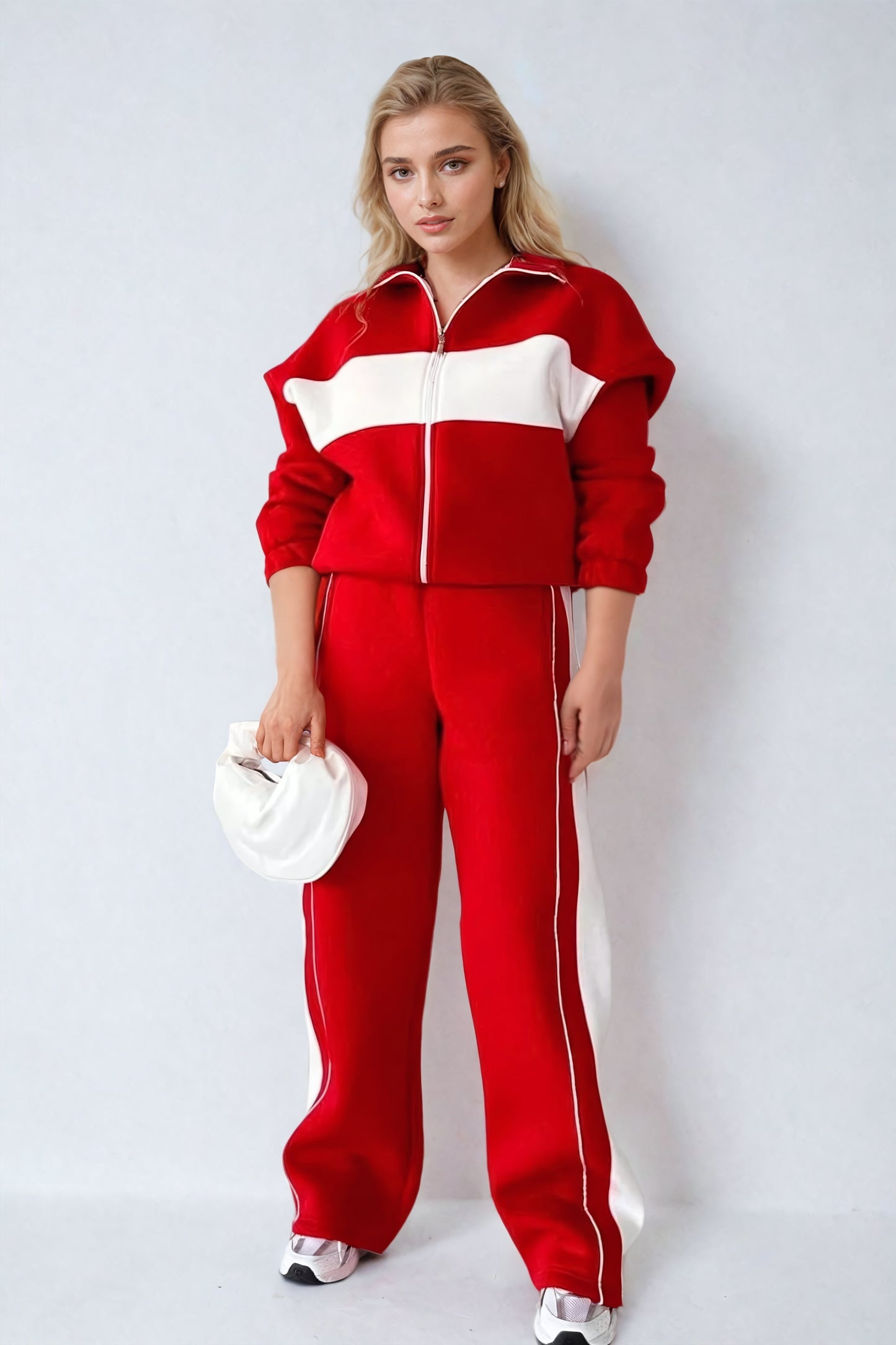 Zip-Front Jacket and High-Waist Trousers Co-Ord Set - Red