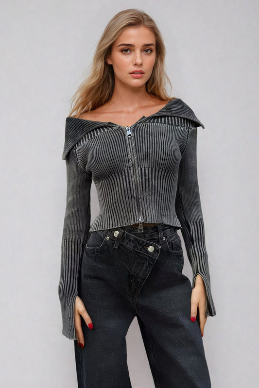 Off-Shoulder Ribbed Knit Sweater - Gray