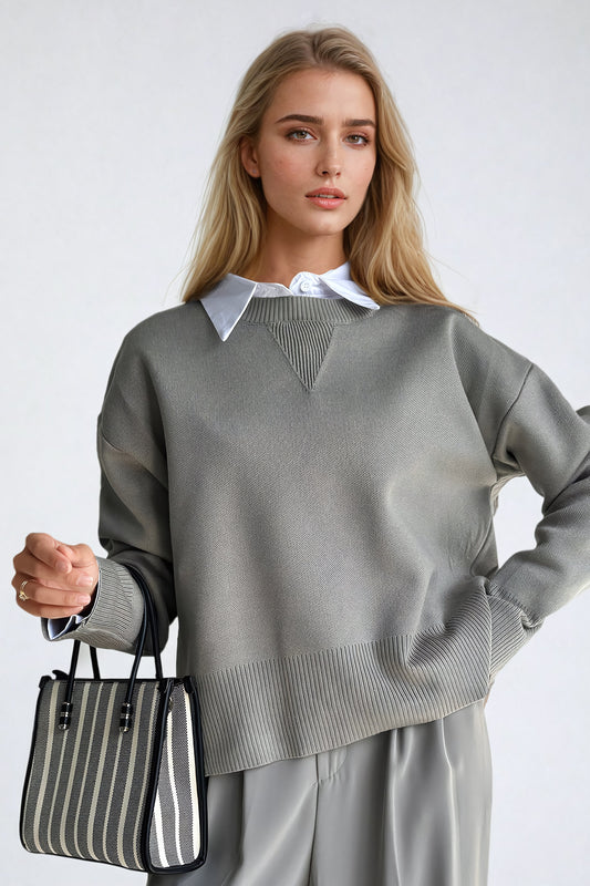 Knitted Sweater with Ribbed Hemline - Gray