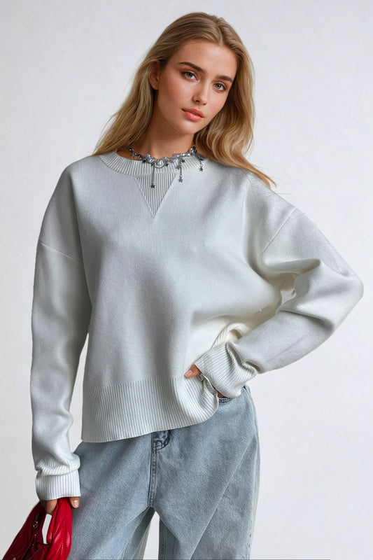 Knitted Sweater with Ribbed Hemline - White