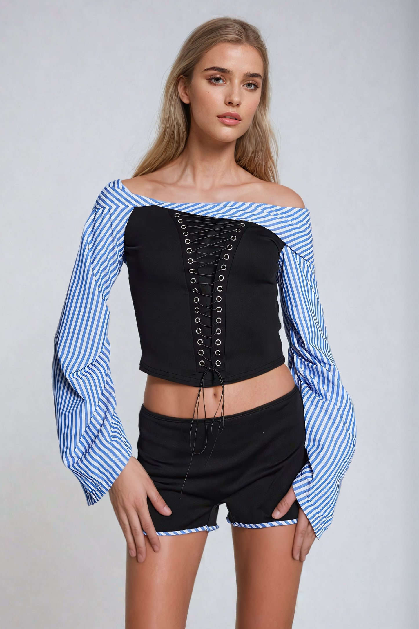 Off-Shoulder Lace-Up Top and High-Waisted Shorts Co-Ord Set - Black