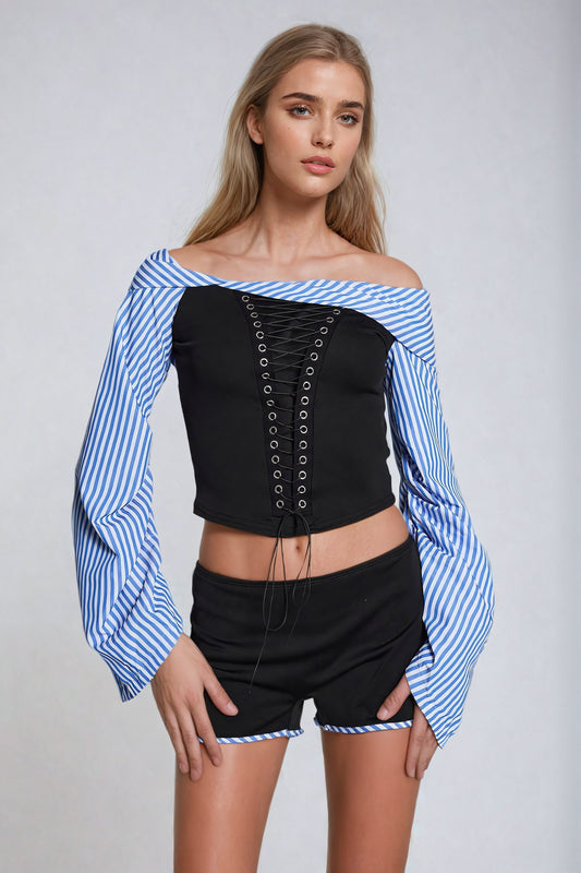 Off-Shoulder Lace-Up Top and High-Waisted Shorts Co-Ord Set - Black