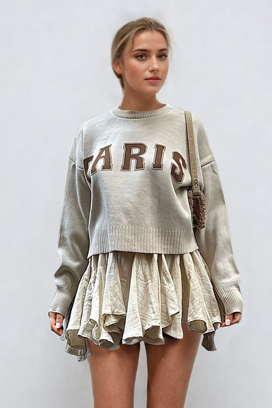 Knitted "Paris" Embossed Sweater - Light Beige