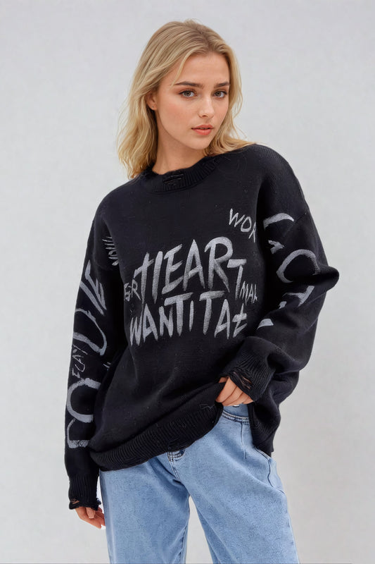 Graffiti Print Distressed Knitted Sweater - Black