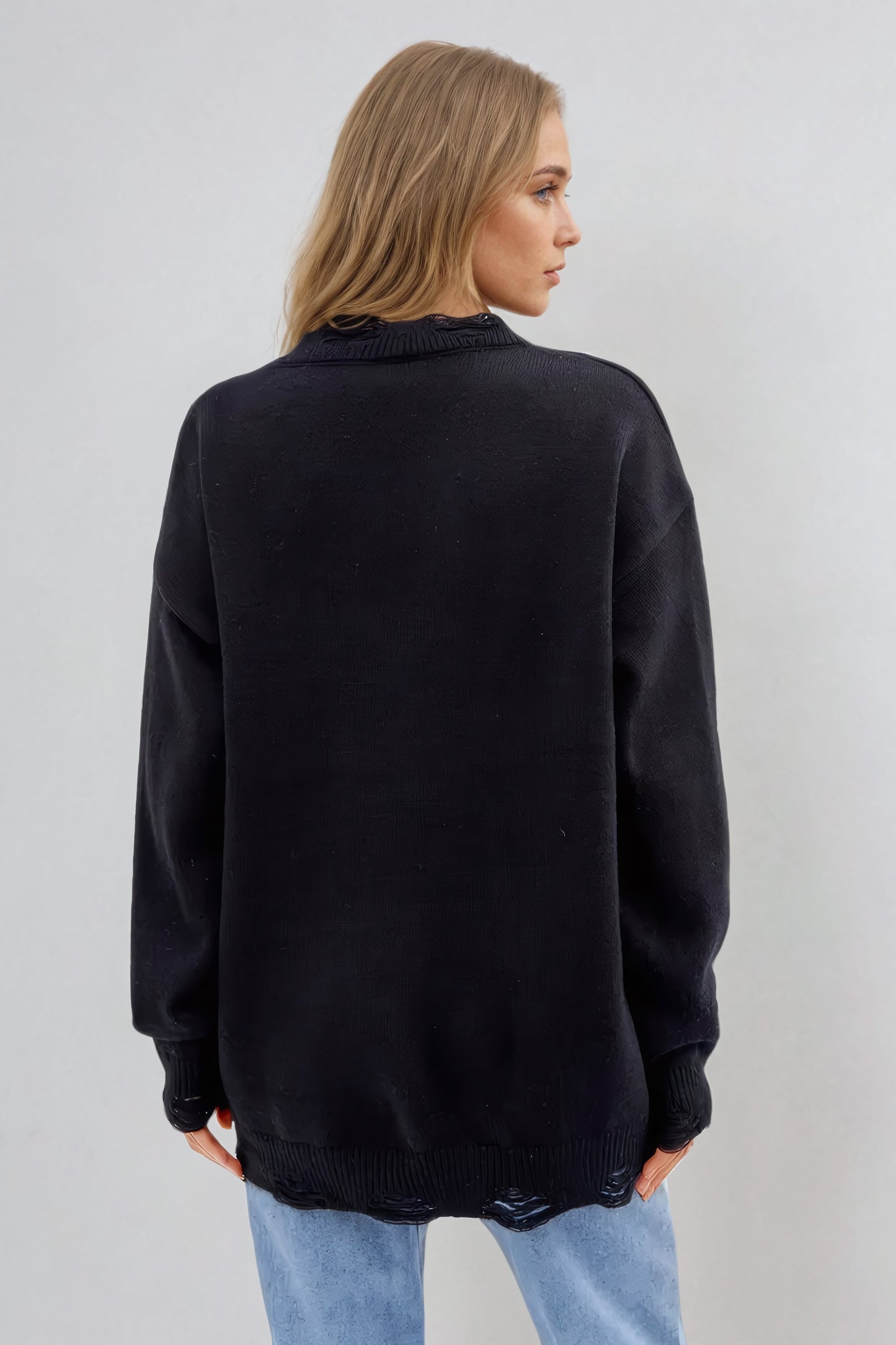 Graffiti Print Distressed Knitted Sweater - Black