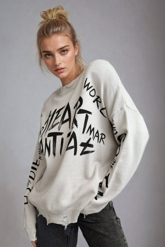 Graffiti Print Distressed Knitted Sweater - White