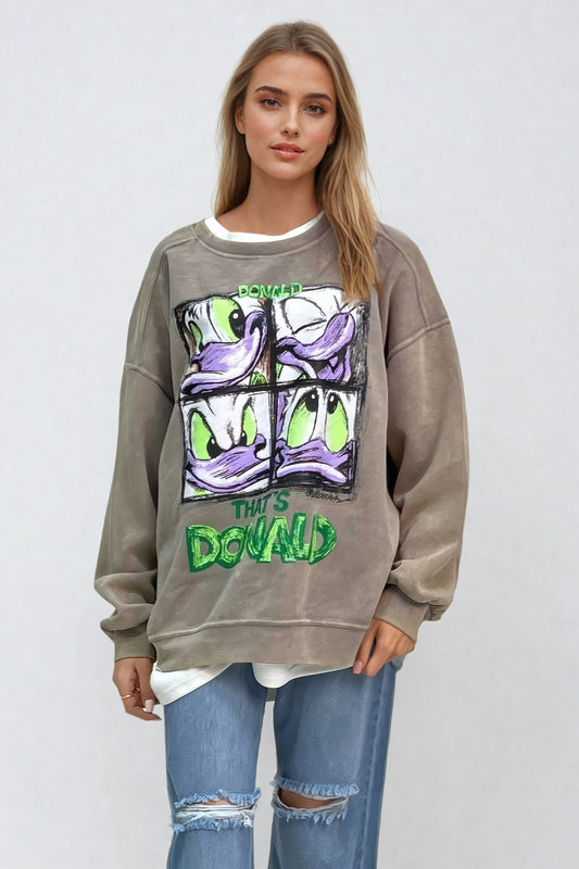 Oversized Graphic Sweatshirt with Donald Character Print - Gray