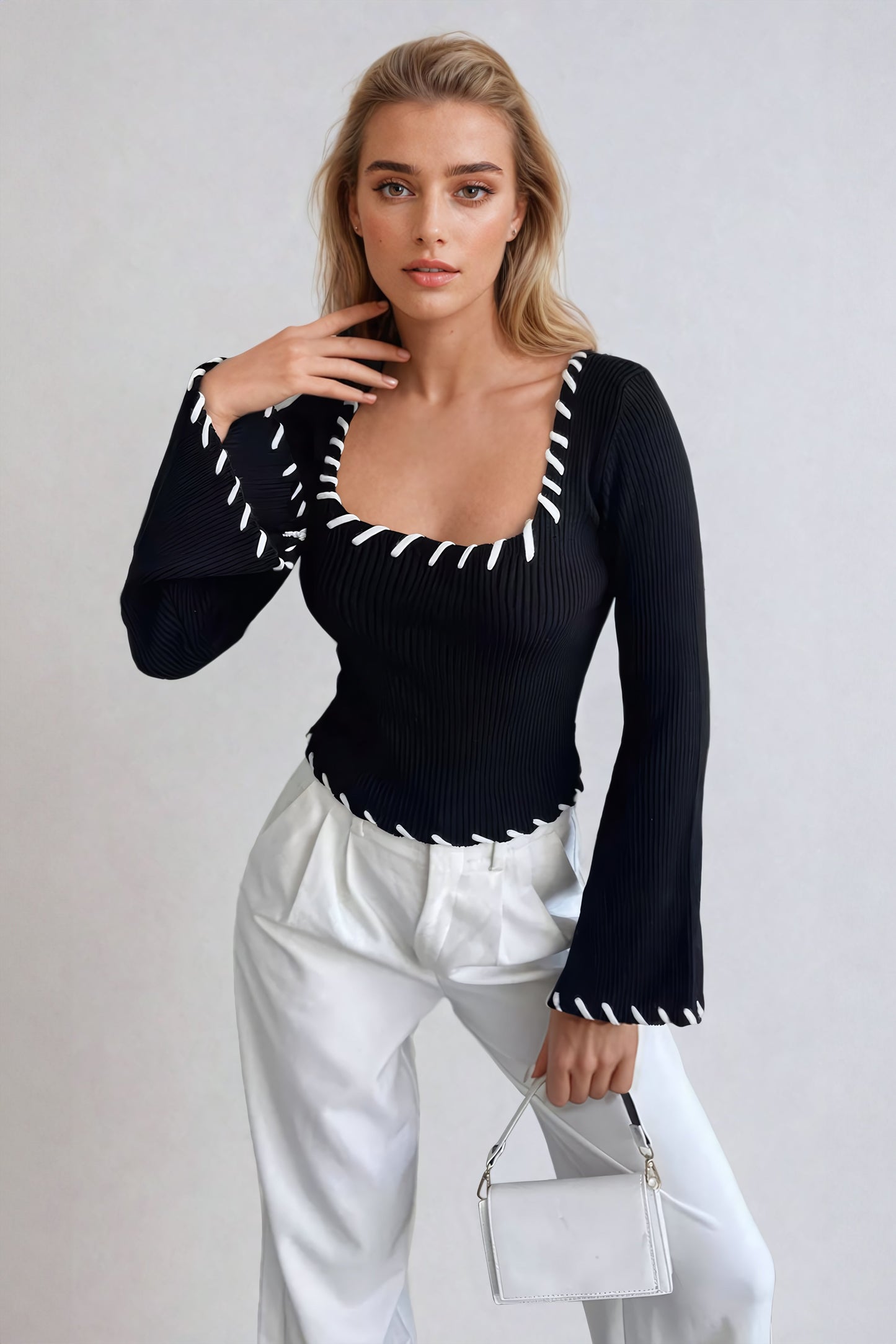 Flared Sleeve Knitted Top with Stitching Accent - Black