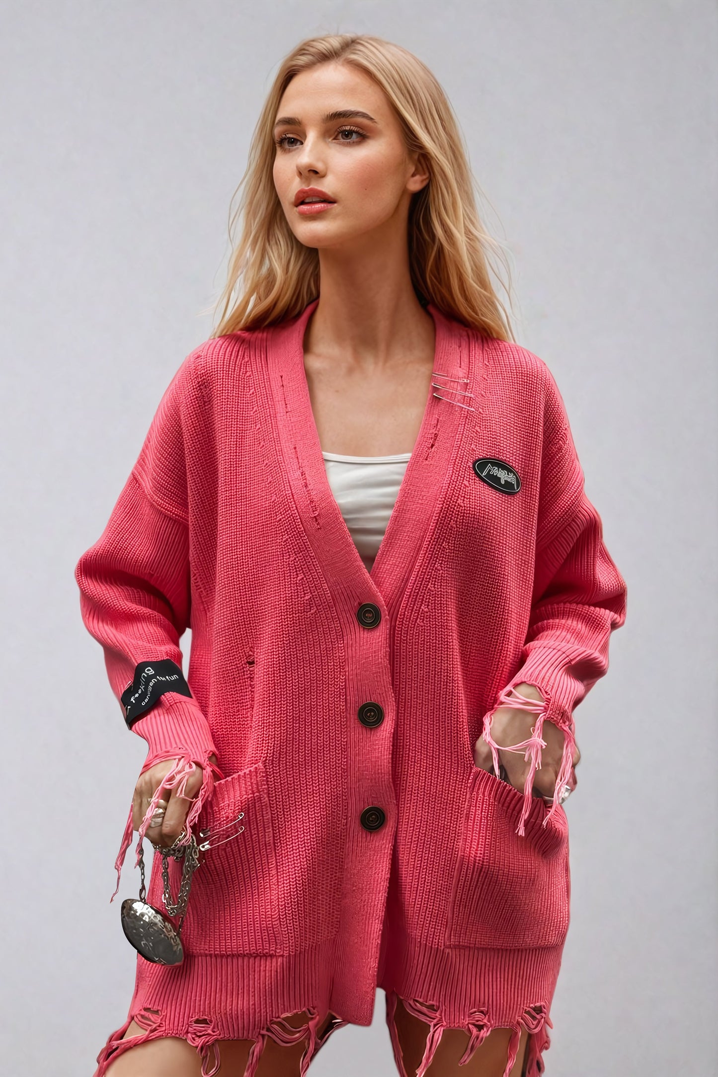 Knitted Distressed Button-Up Cardigan with Frayed Hem - Pink