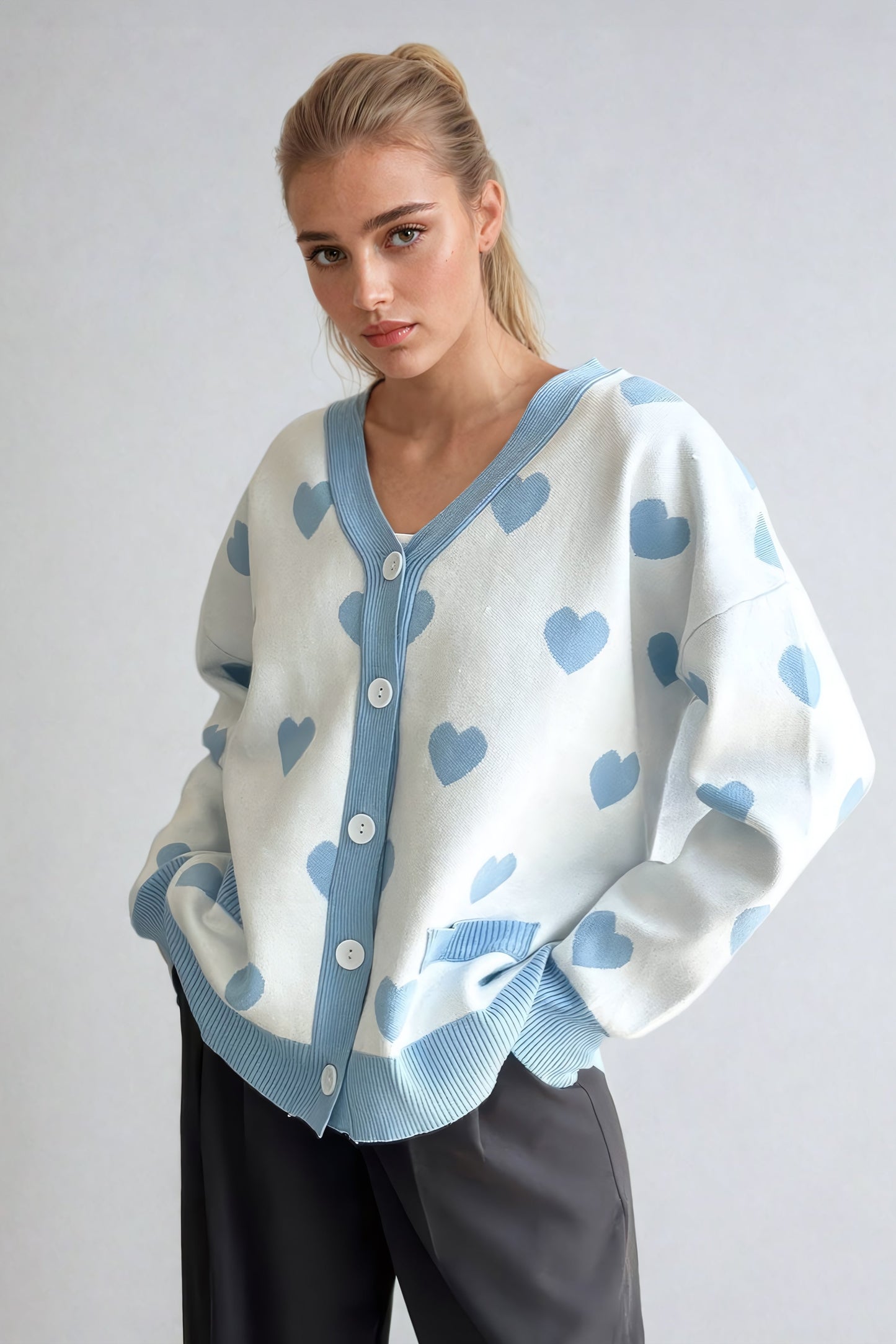 Knitted Heart Pattern Cardigan - Blue