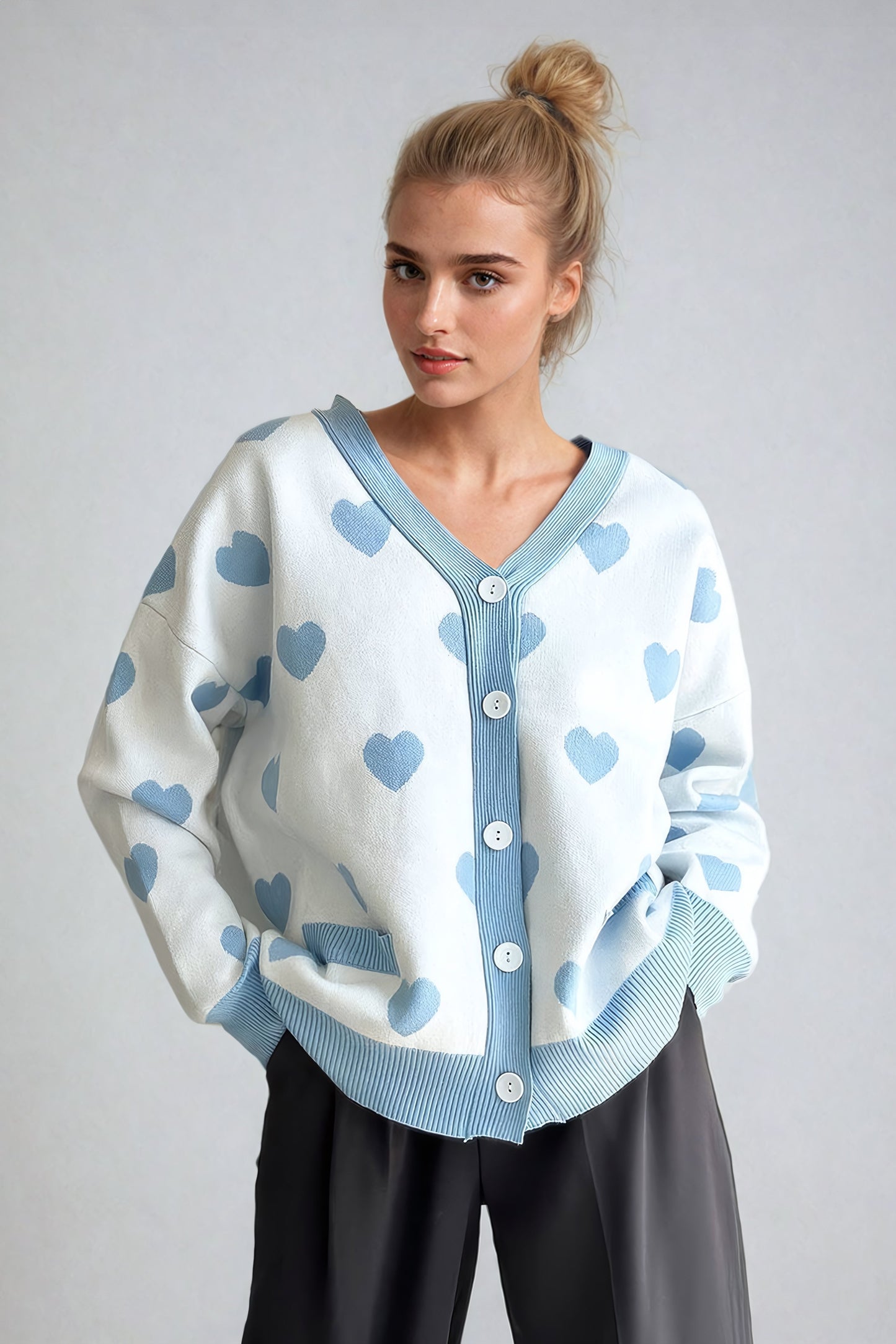 Knitted Heart Pattern Cardigan - Blue