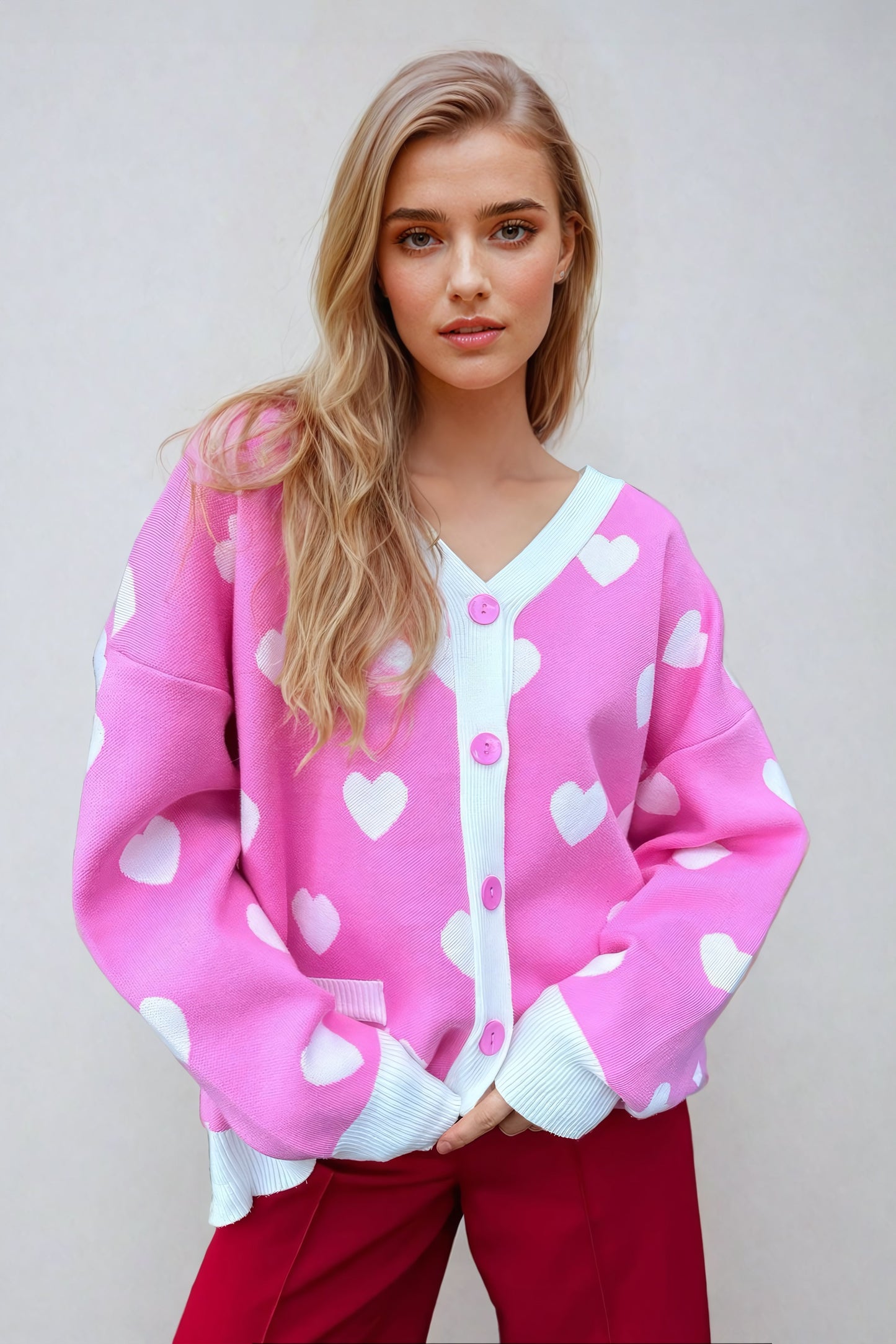 Knitted Heart Pattern Cardigan - Pink