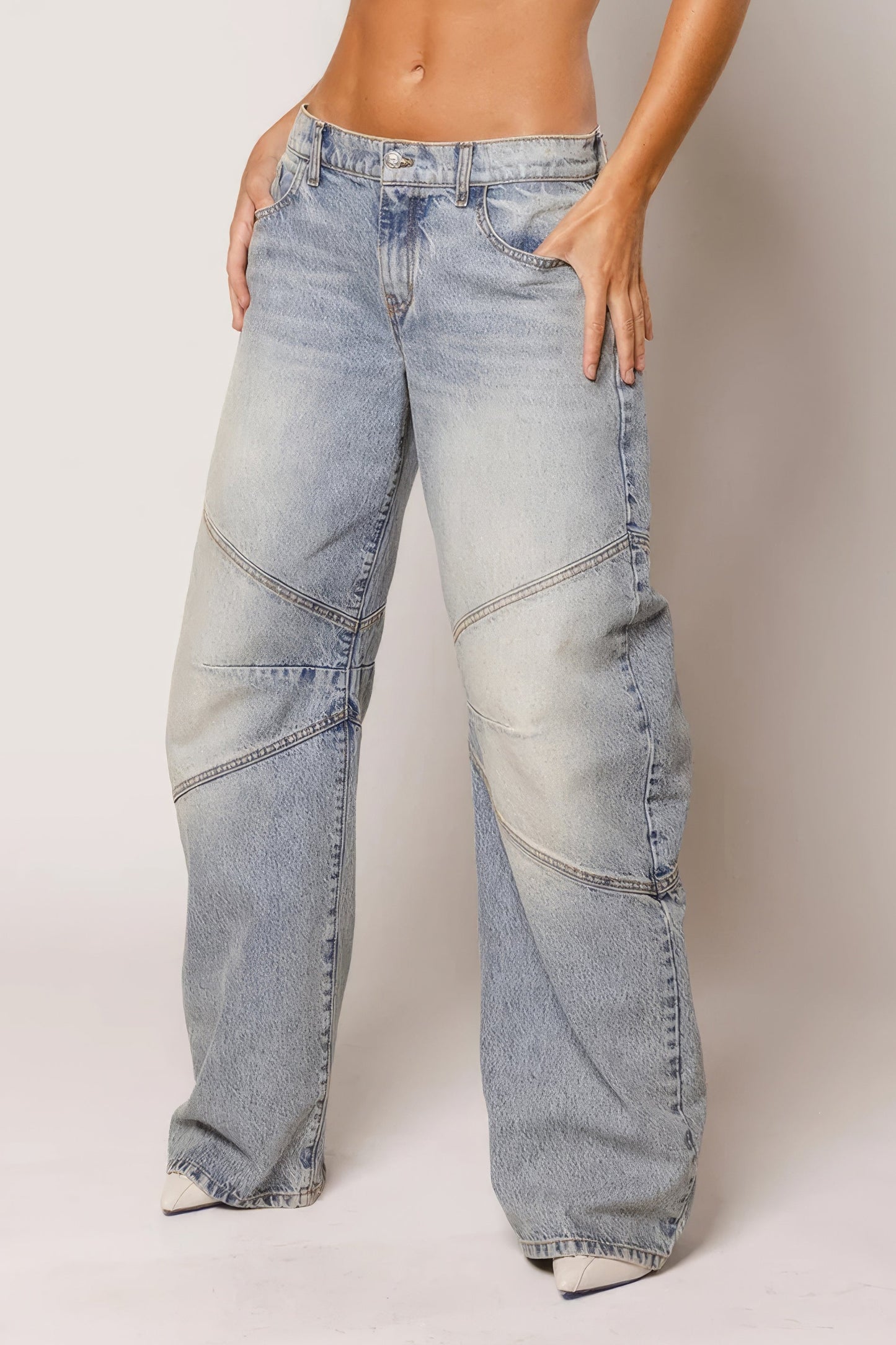 Wide-Leg Jeans with Curved Stitch Detailing - Light Blue