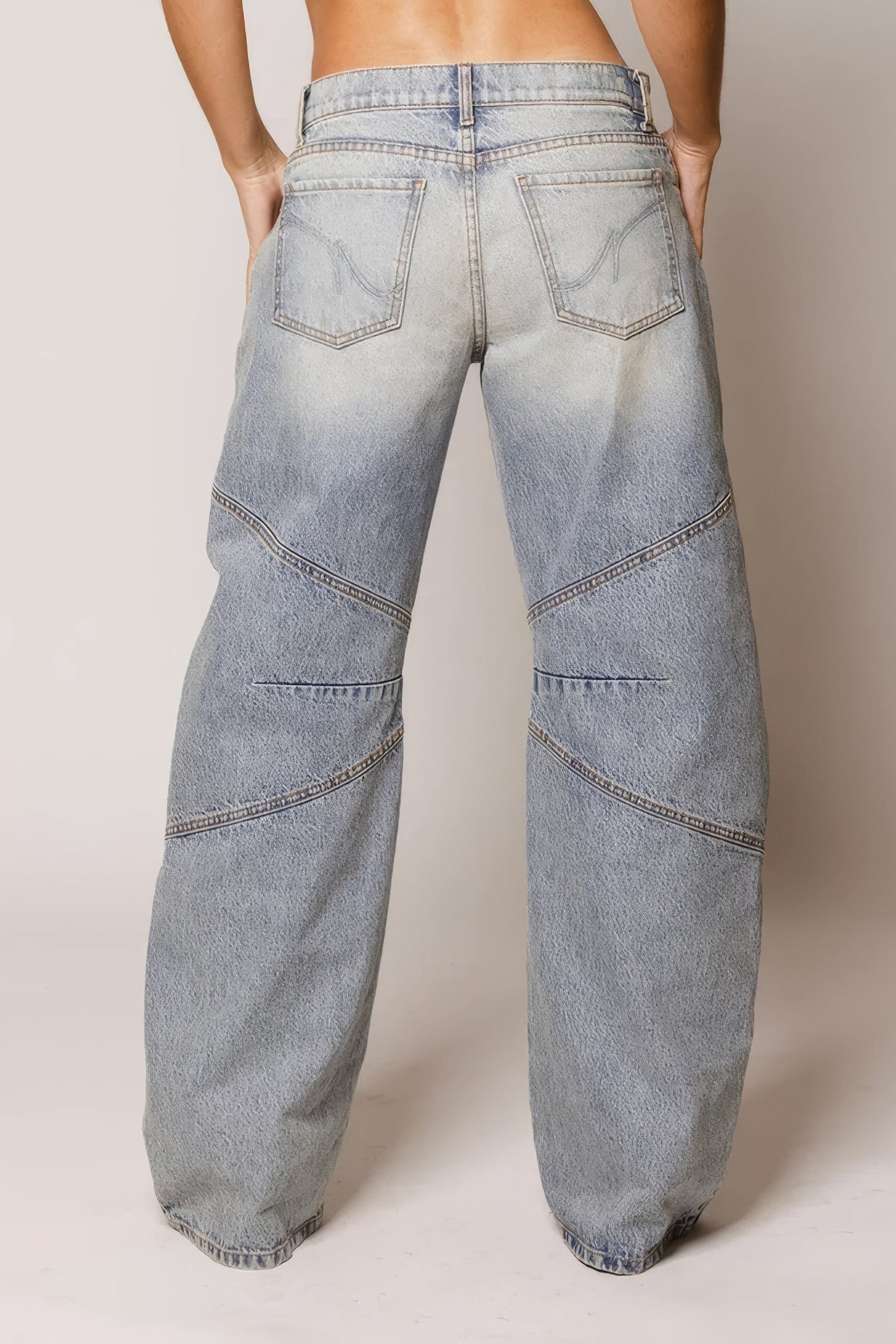 Wide-Leg Jeans with Curved Stitch Detailing - Light Blue