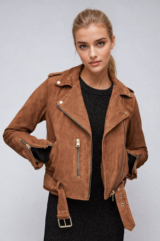 Tailored Leather Jacket with Zip Detailing - Brown