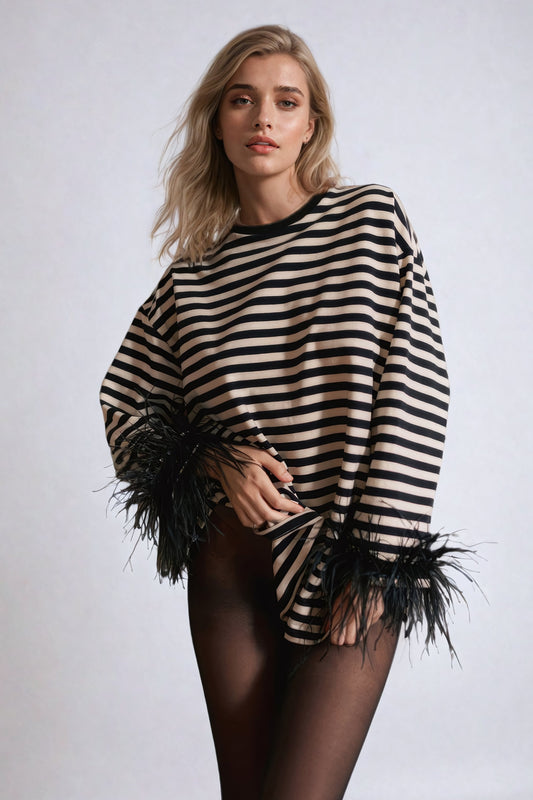 Striped Long Sleeve Top with Feather Cuffs - Black