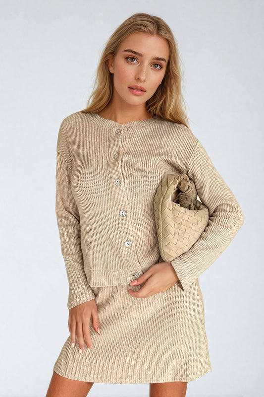 Two-Piece Set with Knitted Button-Up Sweater and Skirt - Beige