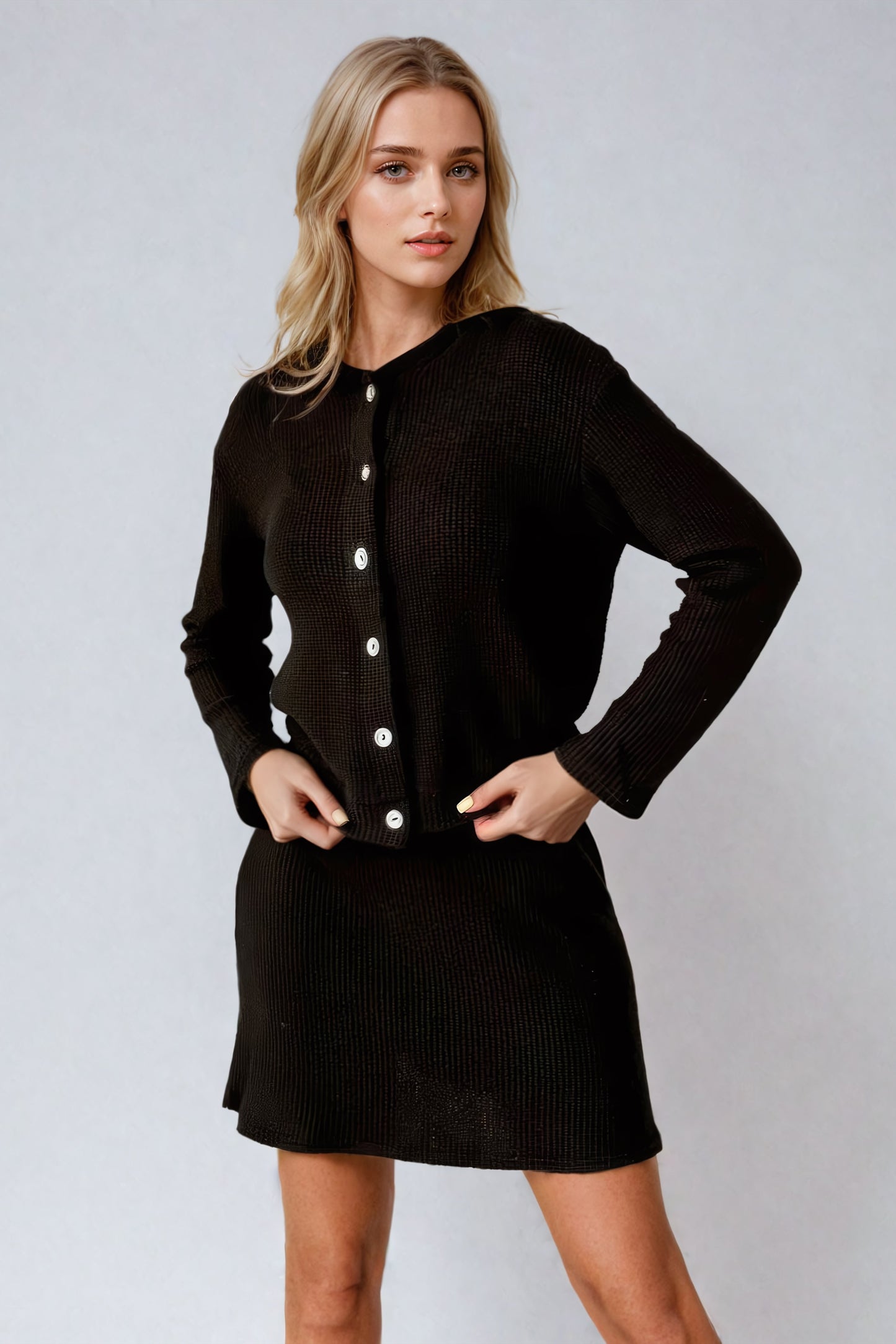 Two-Piece Set with Knitted Button-Up Sweater and Skirt - Black