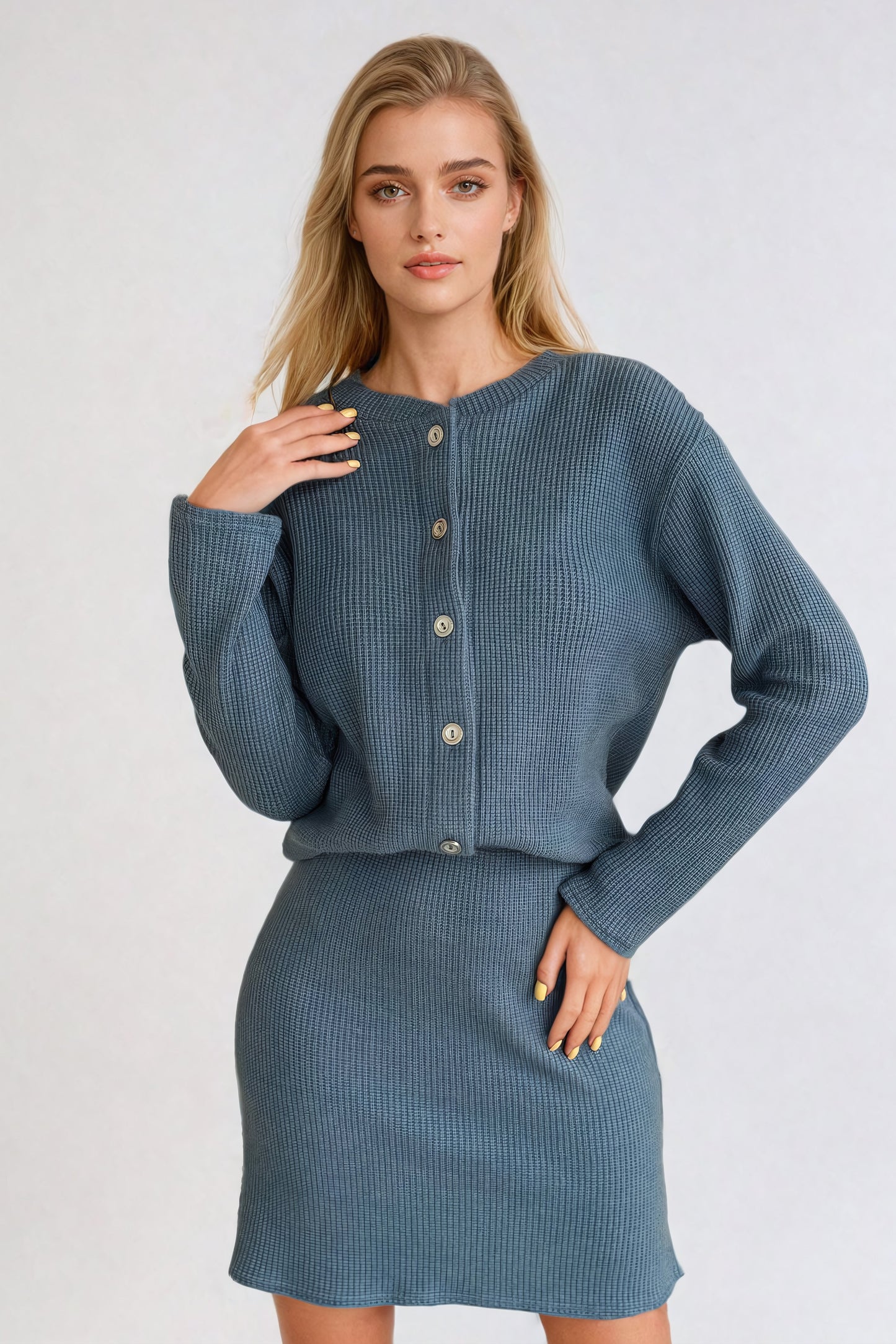 Two-Piece Set with Knitted Button-Up Sweater and Skirt - Blue