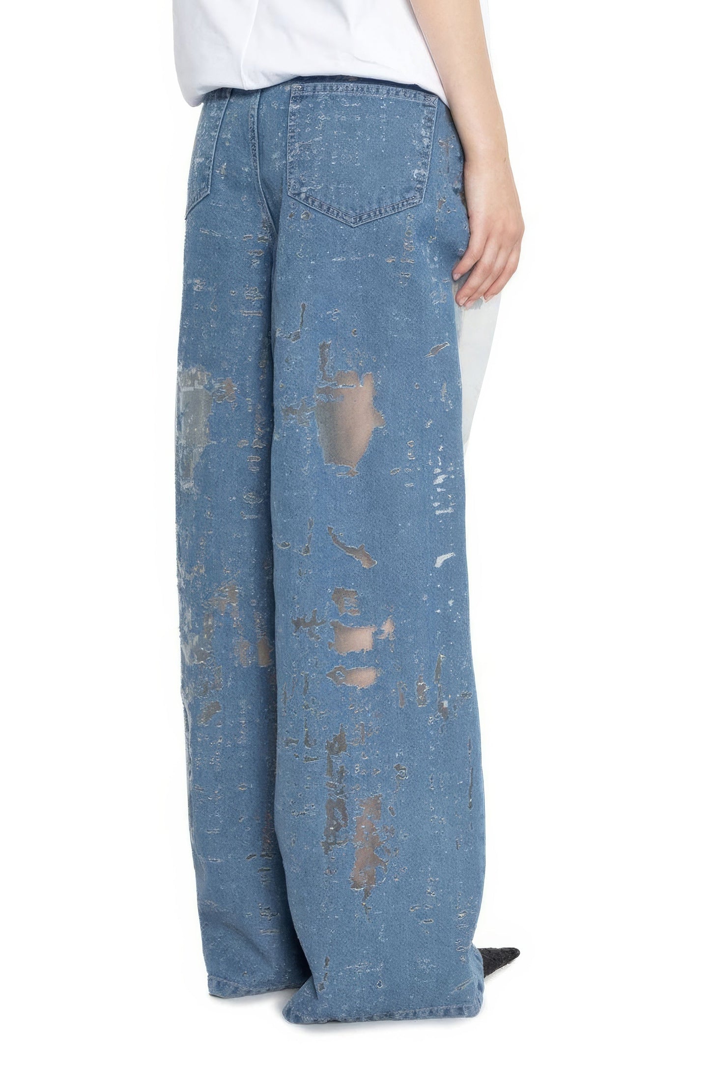 Distressed Denim Jeans with Sheer Panel Detail - Blue