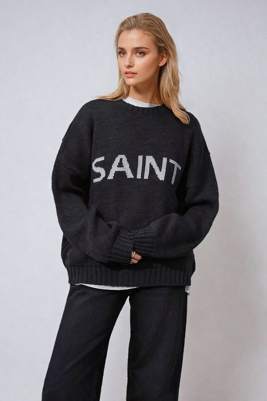 Oversized Knit Sweater with 'SAINT' Detail - Dark Gray