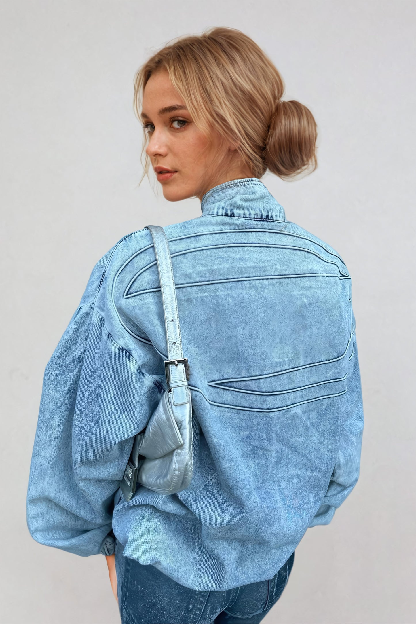 High-Neck Washed Denim Jacket - Blue