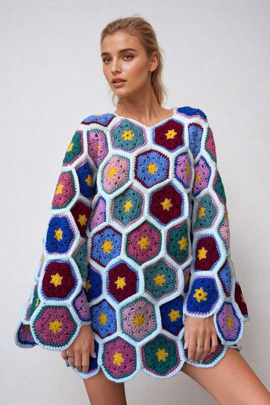 Crochet Hexagon Patchwork Mini Dress - White