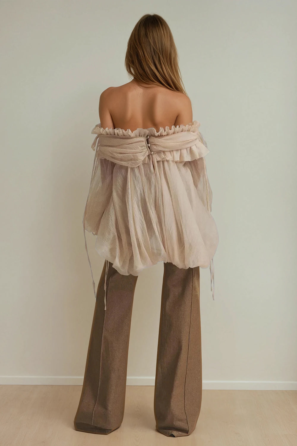 Off-Shoulder Ruffle Trim Top - Beige